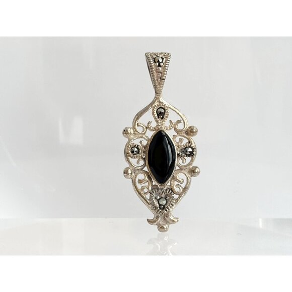 Art Deco Black Onyx Sterling Silver Modernist Marcasite 925 Vintage Pendant - Picture 6 of 8